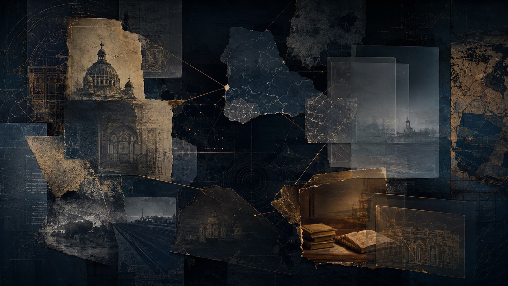 Dunkles archivalisches Bild mit Fragmenten byzantinischer Geometrie, altrussischer Buchkultur und drei kaum sichtbaren Lichtzentren.